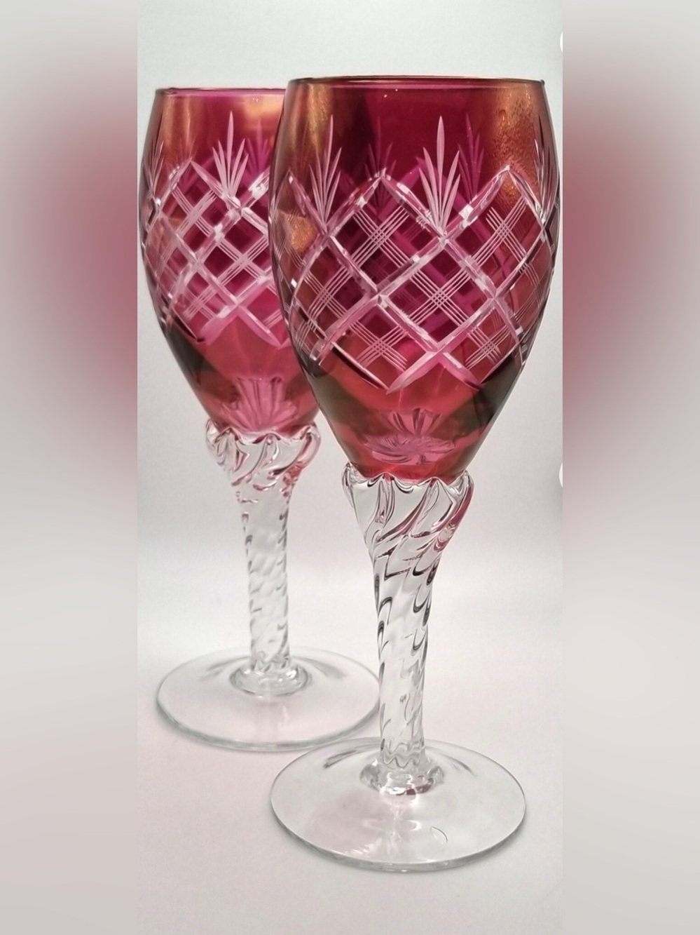 Vintage Cut Cranberry Crystal Wine Glasses - Set of 6